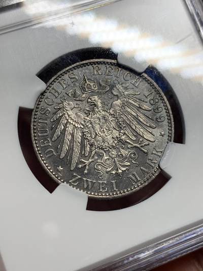 《竞宝斋》第417场 周日，周一，2场连拍 （全场包邮） 亚军分 NGC MS63 德国 1899年 普鲁士 威廉二世 2马克银币 状态好 少见 同分成交2600