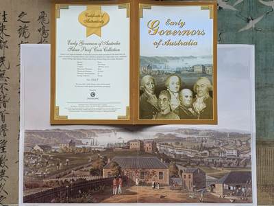 《竞宝斋》第417场 周日，周一，2场连拍 （全场包邮） 少见 图瓦卢2008年1元5枚彩色精制银币套 早期澳洲统治者 5盎司999银 发行量1808套 盒证全 澳大利亚珀斯造币局 盒子有损 细节见图