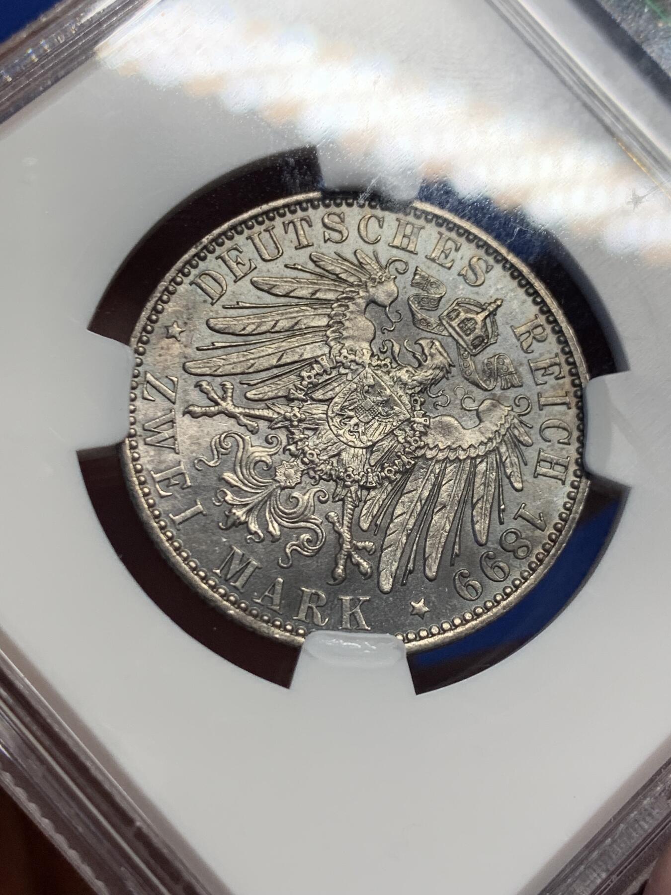 《竞宝斋》第417场 周日，周一，2场连拍 （全场包邮） 亚军分 NGC MS63 德国 1899年 普鲁士 威廉二世 2马克银币 状态好 少见 同分成交2600