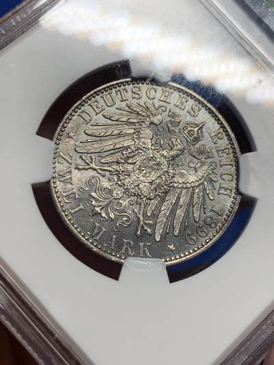 《竞宝斋》第417场 周日，周一，2场连拍 （全场包邮） 亚军分 NGC MS63 德国 1899年 普鲁士 威廉二世 2马克银币 状态好 少见 同分成交2600