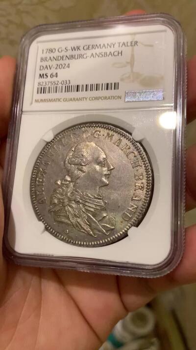 《竞宝斋》第417场 周日，周一，2场连拍 （全场包邮） 唯一冠军分 NGC MS64 德国 勃兰登堡-安斯巴赫侯爵领 1780 查尔斯·亚历山大 泰勒大银币