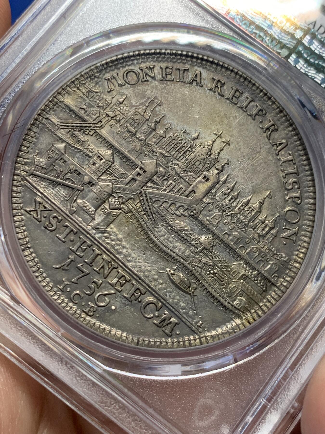 《竞宝斋》第417场 周日，周一，2场连拍 （全场包邮） PCGS AU 雷根斯堡 1756年 景观泰勒 大银币德系景观名誉品种 高点不错