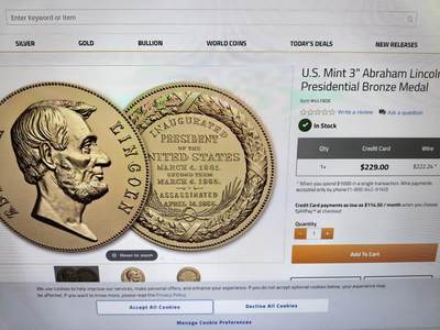 长老汇马年精选第十九场拍卖 1865美国林肯遇刺纪念铜章，19.94克，33MM，美国造币厂，官网报价229美金