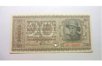 德国第三帝国占乌克兰1942年20卡博瓦内斯（等同20马克） 极美品 - 德国第三帝国占乌克兰1942年20卡博瓦内斯（等同20马克） 极美品