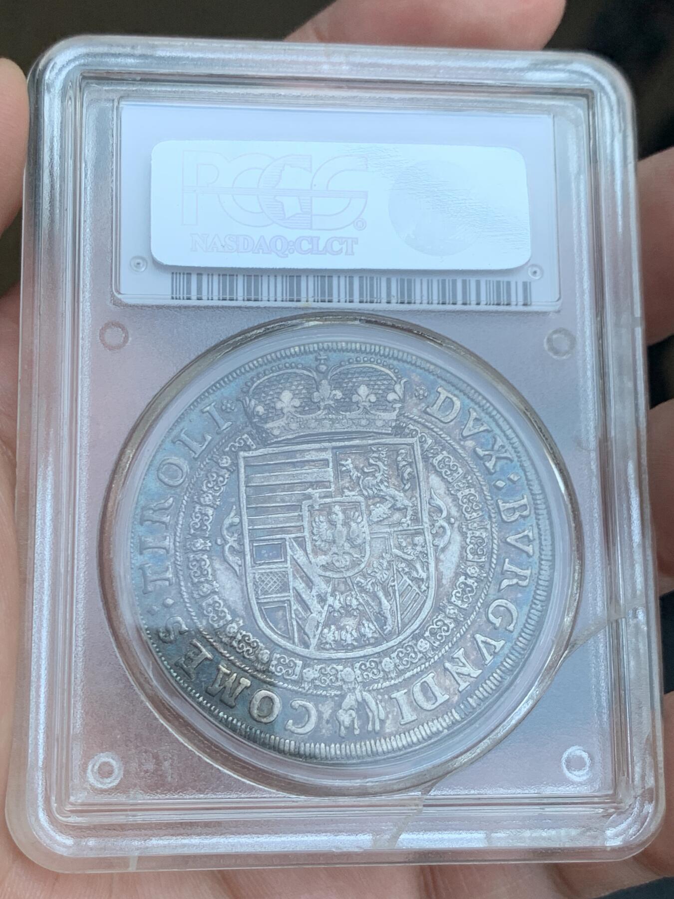 《竞宝斋》第417场 周日，周一，2场连拍 （全场包邮） PCGS AU58 奥地利 神罗 1632年 利奥波德五世 1泰勒 银币 人像纹章深打 细节丰富 五彩老包浆 盒子有裂不影响币