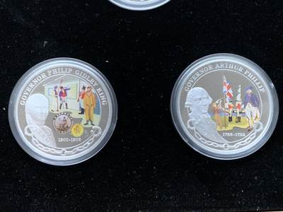 《竞宝斋》第417场 周日，周一，2场连拍 （全场包邮） 少见 图瓦卢2008年1元5枚彩色精制银币套 早期澳洲统治者 5盎司999银 发行量1808套 盒证全 澳大利亚珀斯造币局 盒子有损 细节见图