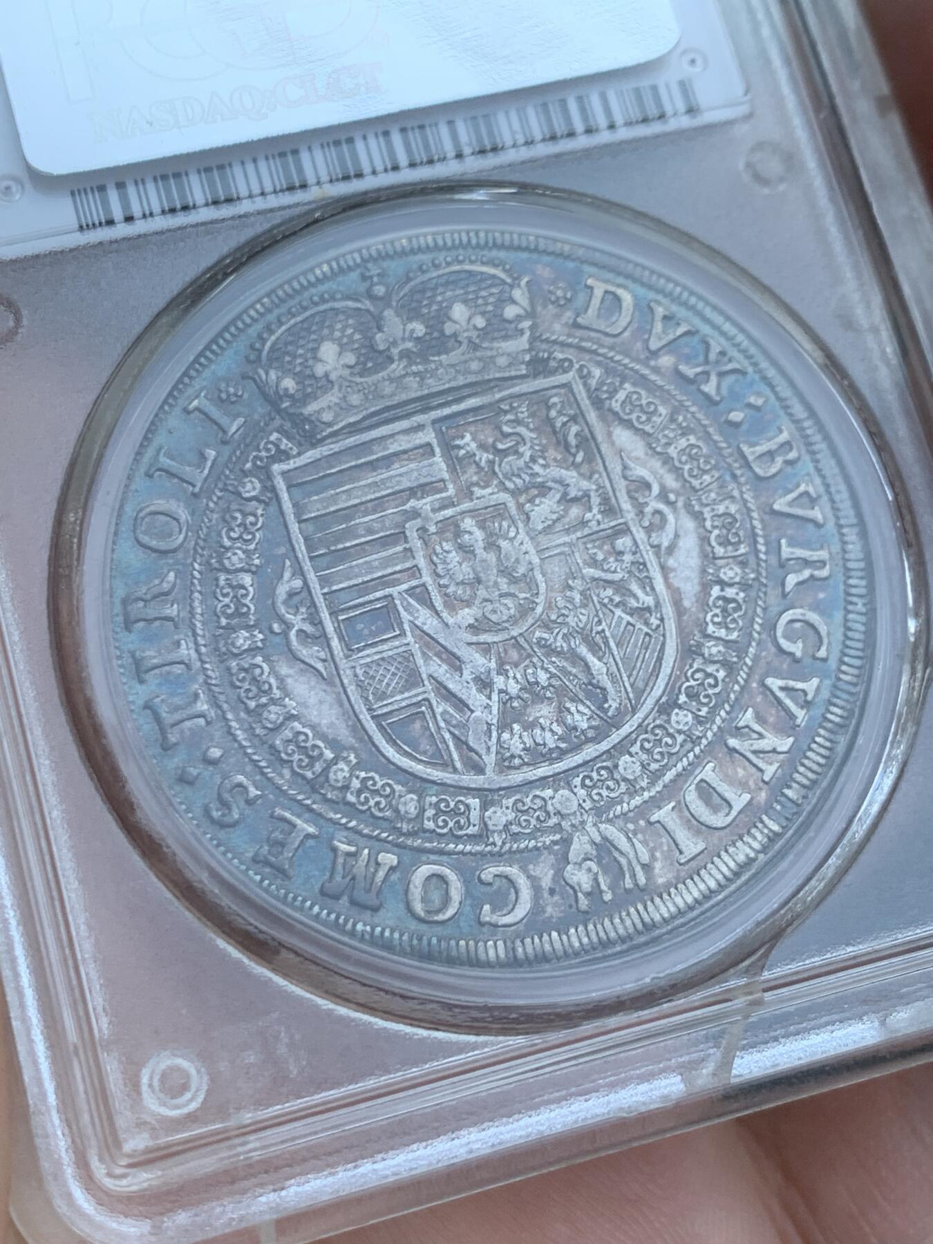 《竞宝斋》第417场 周日，周一，2场连拍 （全场包邮） PCGS AU58 奥地利 神罗 1632年 利奥波德五世 1泰勒 银币 人像纹章深打 细节丰富 五彩老包浆 盒子有裂不影响币