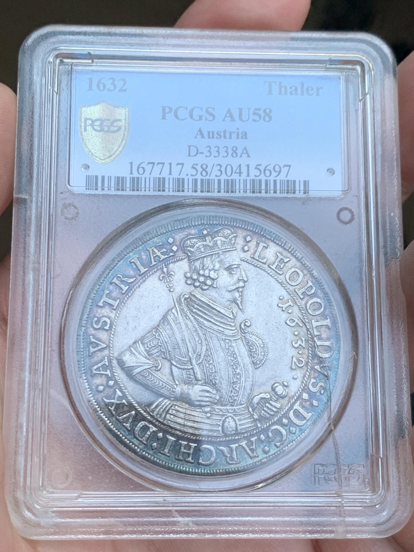 《竞宝斋》第417场 周日，周一，2场连拍 （全场包邮） PCGS AU58 奥地利 神罗 1632年 利奥波德五世 1泰勒 银币 人像纹章深打 细节丰富 五彩老包浆 盒子有裂不影响币