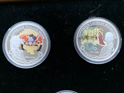 《竞宝斋》第417场 周日，周一，2场连拍 （全场包邮） 少见 图瓦卢2008年1元5枚彩色精制银币套 早期澳洲统治者 5盎司999银 发行量1808套 盒证全 澳大利亚珀斯造币局 盒子有损 细节见图