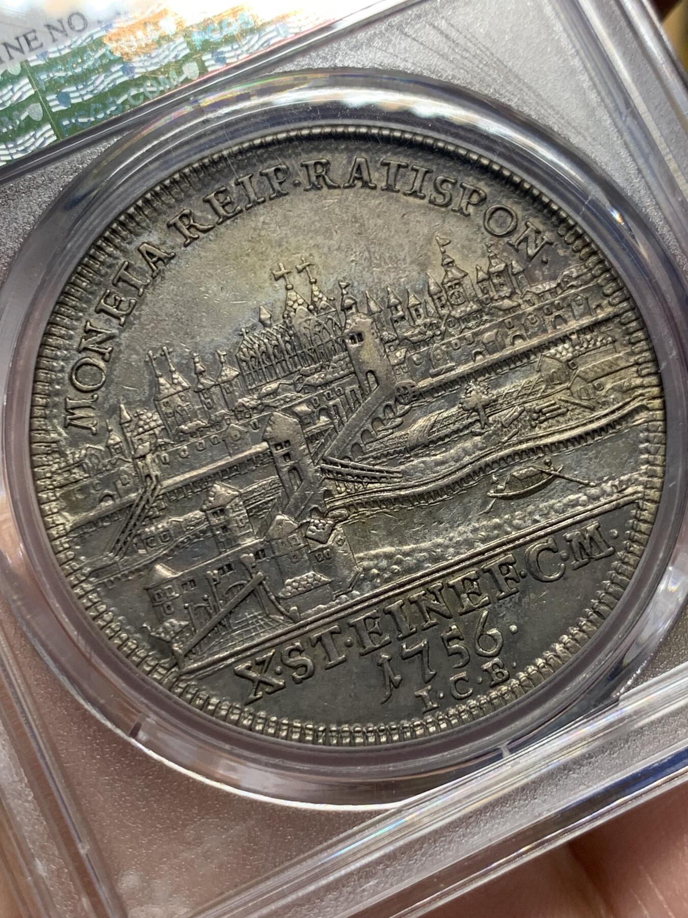 《竞宝斋》第417场 周日，周一，2场连拍 （全场包邮） PCGS AU 雷根斯堡 1756年 景观泰勒 大银币德系景观名誉品种 高点不错