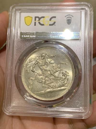 《竞宝斋》第417场 周日，周一，2场连拍 （全场包邮） PCGS MS64 英国1900年维多利亚披纱1克朗马剑银币 1900LXIV，顶级卷拆原光品相，末年披纱高分好品已经很稀少了。