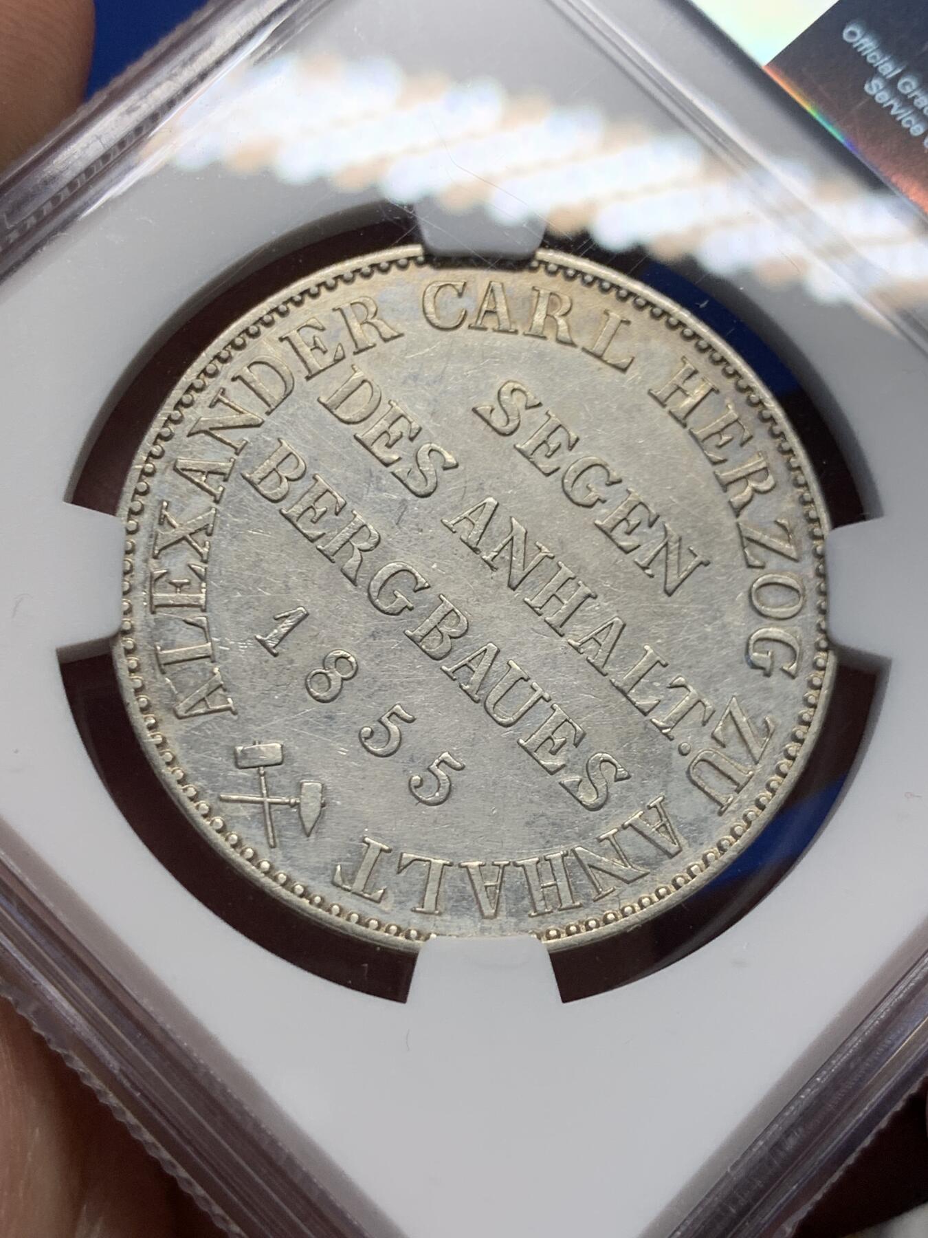 《竞宝斋》第417场 周日，周一，2场连拍 （全场包邮） NGC AU 德国1855年安哈特小熊爬墙1泰勒银币