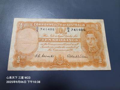 9月9号晚上8点 外国纸币自动截拍第23场 - 澳大利亚 1/2 镑 10先令1942年 美品原票