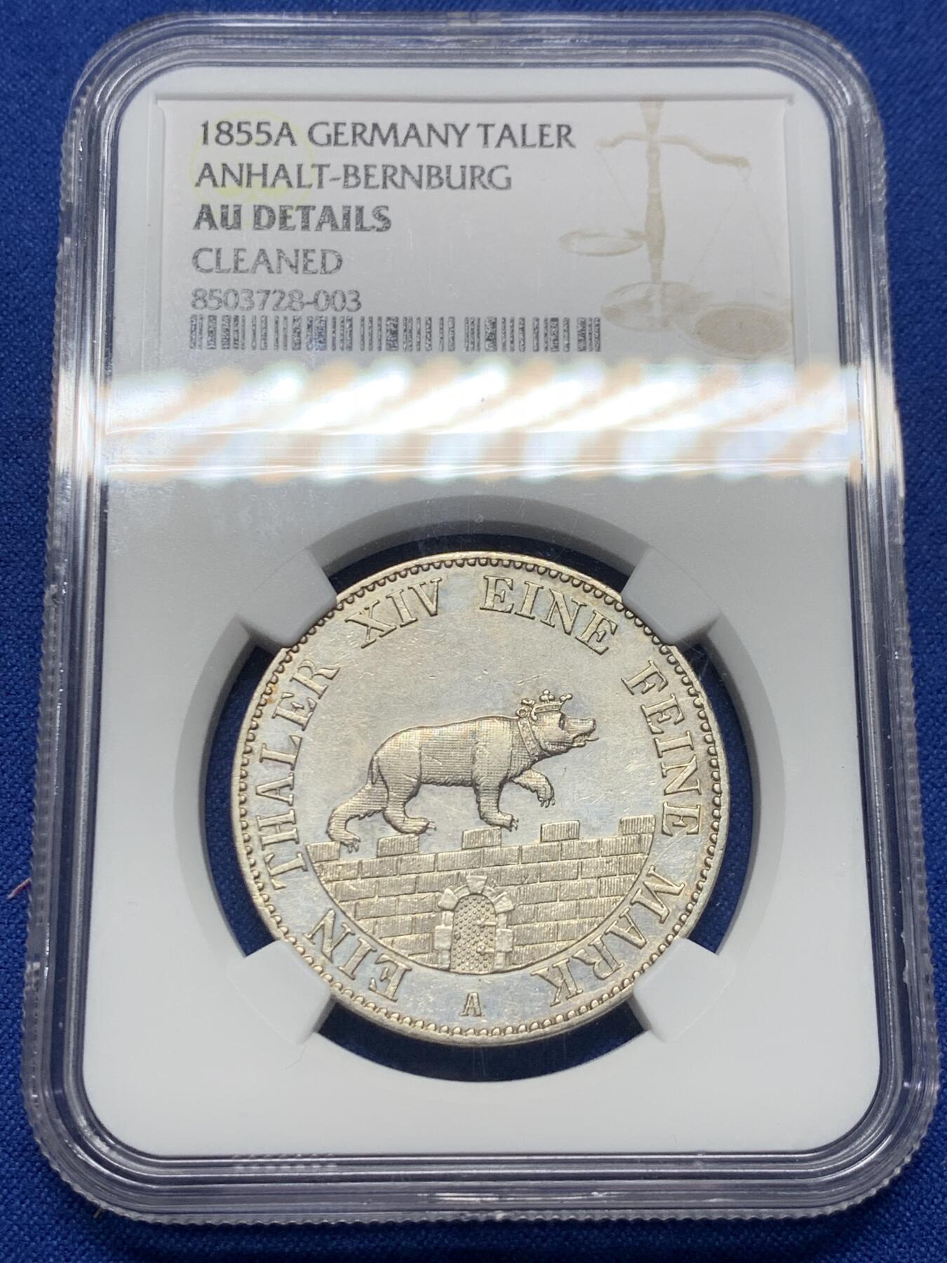 《竞宝斋》第417场 周日，周一，2场连拍 （全场包邮） NGC AU 德国1855年安哈特小熊爬墙1泰勒银币