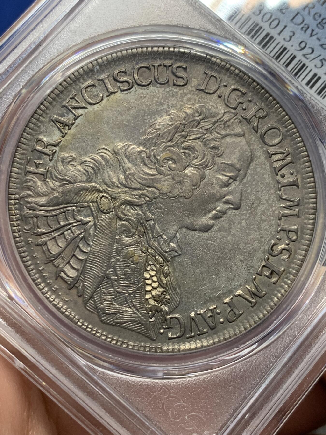 《竞宝斋》第417场 周日，周一，2场连拍 （全场包邮） PCGS AU 雷根斯堡 1756年 景观泰勒 大银币德系景观名誉品种 高点不错