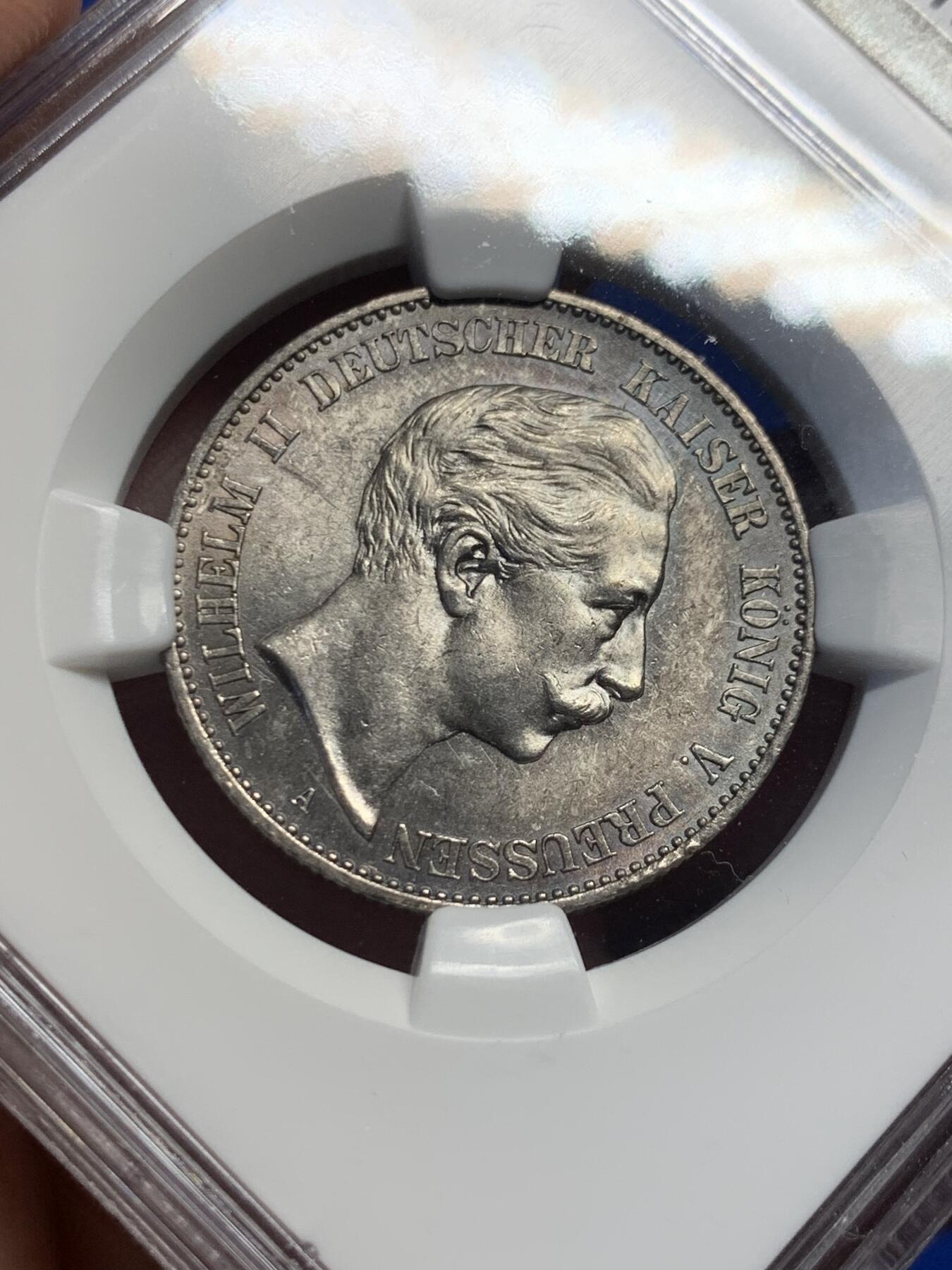 《竞宝斋》第417场 周日，周一，2场连拍 （全场包邮） 亚军分 NGC MS63 德国 1899年 普鲁士 威廉二世 2马克银币 状态好 少见 同分成交2600