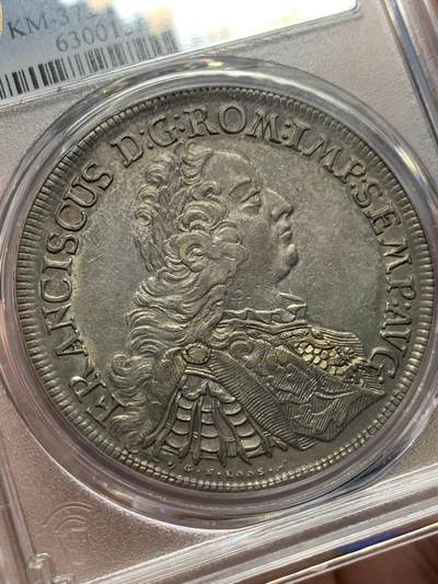 《竞宝斋》第417场 周日，周一，2场连拍 （全场包邮） PCGS AU 雷根斯堡 1756年 景观泰勒 大银币德系景观名誉品种 高点不错