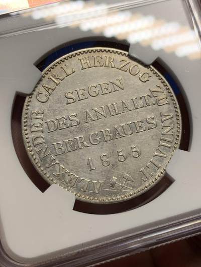 《竞宝斋》第417场 周日，周一，2场连拍 （全场包邮） NGC AU 德国1855年安哈特小熊爬墙1泰勒银币