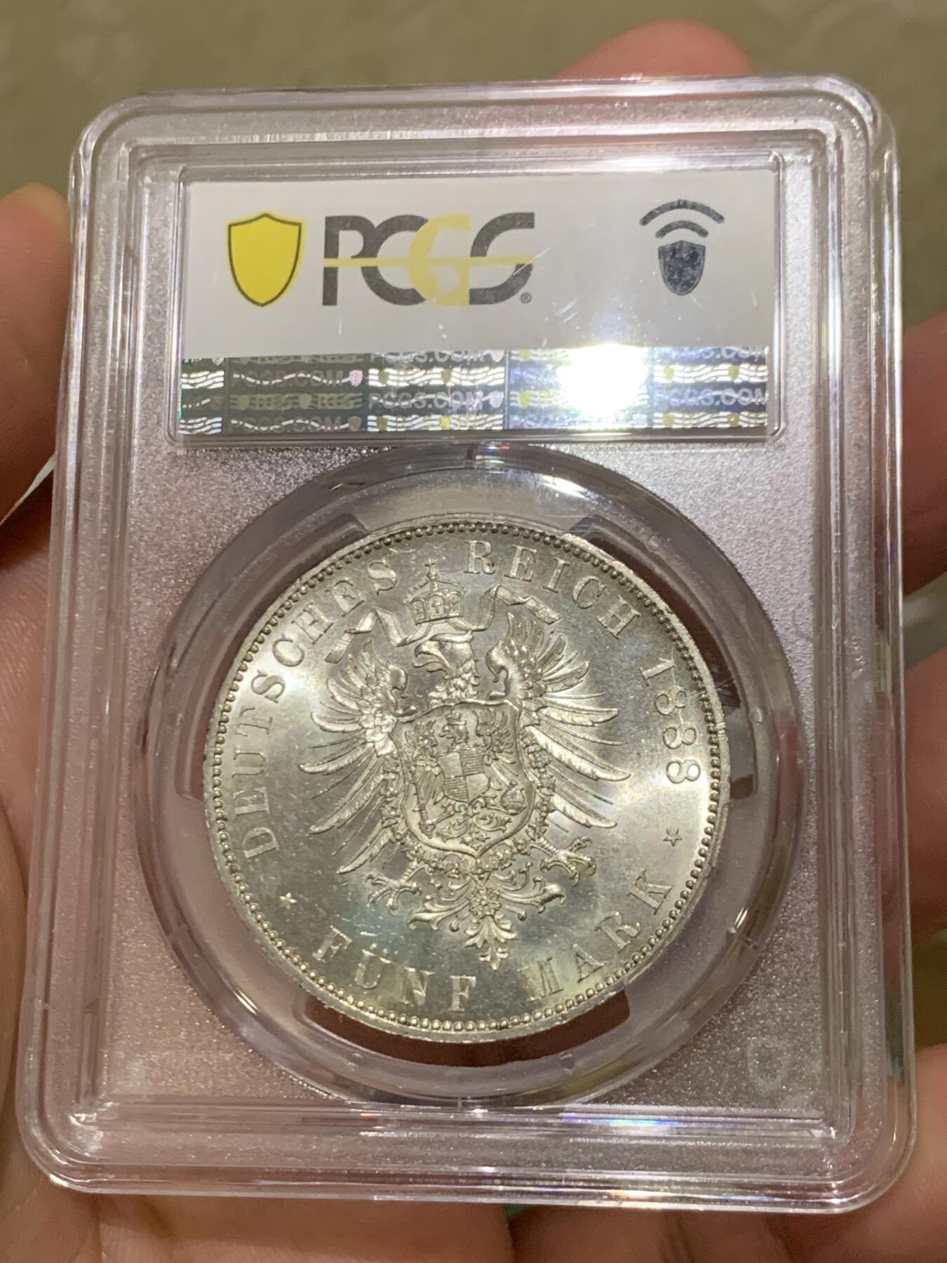《竞宝斋》第417场 周日，周一，2场连拍 （全场包邮） PCGS MS63 德国1888年普鲁士腓特烈三世 三皇年5马克银币 币面干净 银光充足