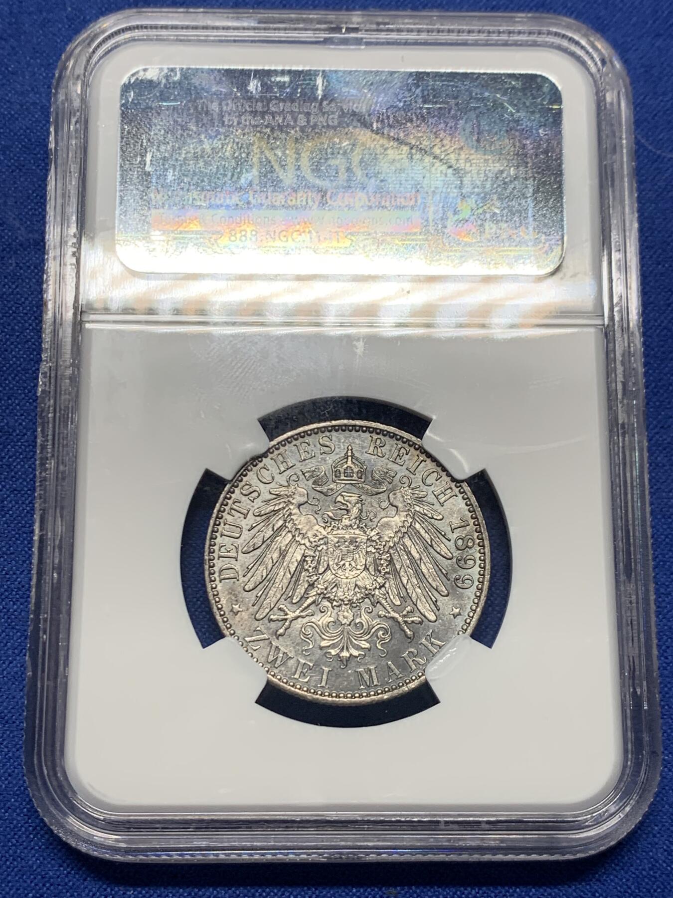 《竞宝斋》第417场 周日，周一，2场连拍 （全场包邮） 亚军分 NGC MS63 德国 1899年 普鲁士 威廉二世 2马克银币 状态好 少见 同分成交2600