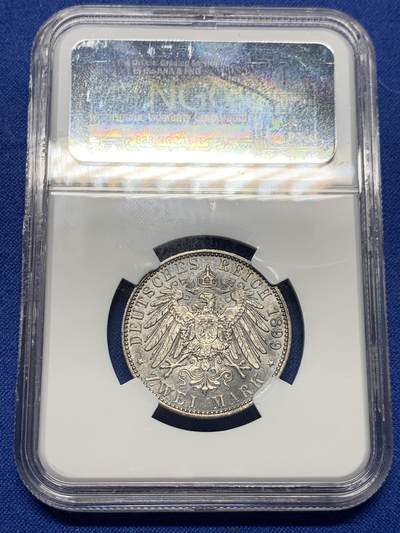 《竞宝斋》第417场 周日，周一，2场连拍 （全场包邮） 亚军分 NGC MS63 德国 1899年 普鲁士 威廉二世 2马克银币 状态好 少见 同分成交2600