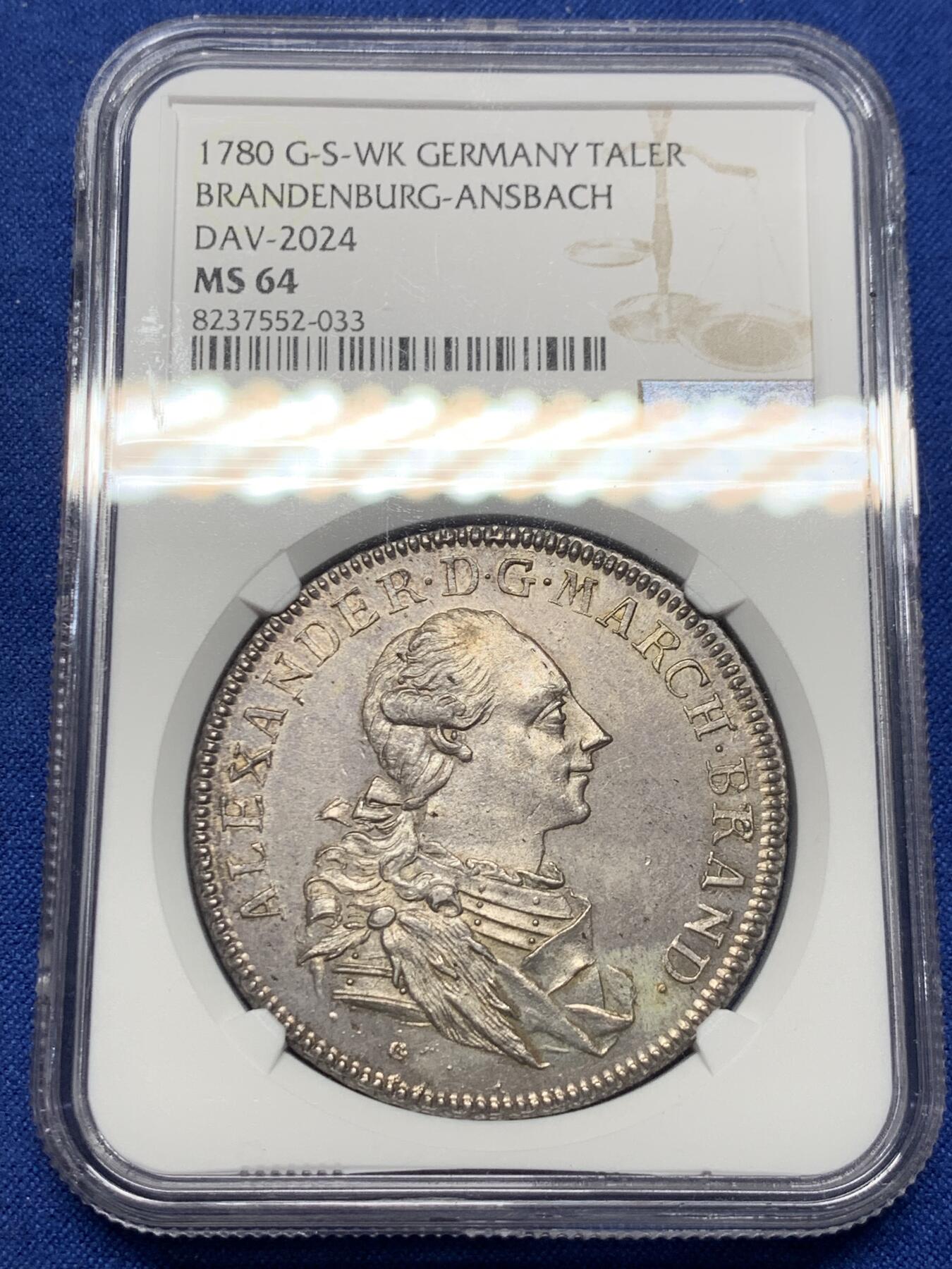 《竞宝斋》第417场 周日，周一，2场连拍 （全场包邮） 唯一冠军分 NGC MS64 德国 勃兰登堡-安斯巴赫侯爵领 1780 查尔斯·亚历山大 泰勒大银币