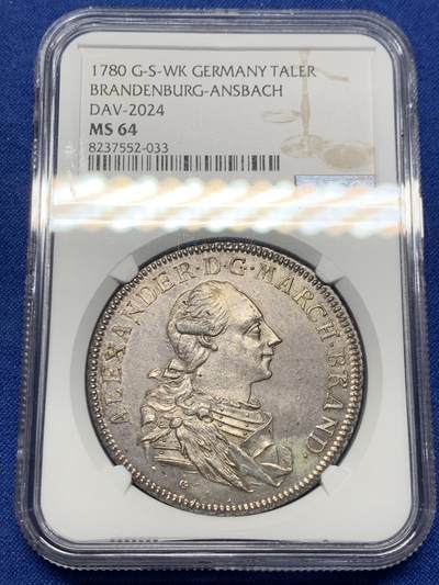 《竞宝斋》第417场 周日，周一，2场连拍 （全场包邮） 唯一冠军分 NGC MS64 德国 勃兰登堡-安斯巴赫侯爵领 1780 查尔斯·亚历山大 泰勒大银币