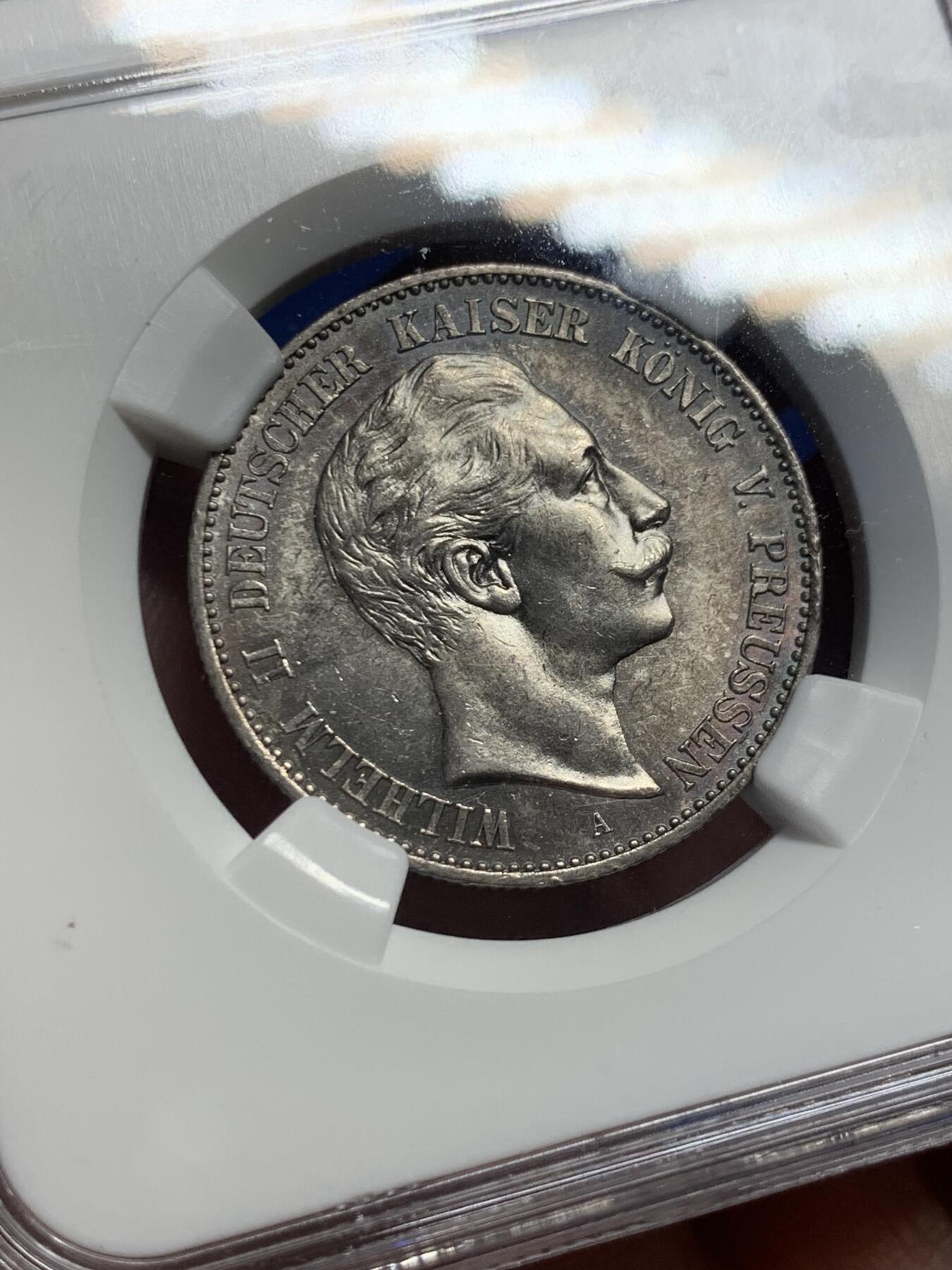 《竞宝斋》第417场 周日，周一，2场连拍 （全场包邮） 亚军分 NGC MS63 德国 1899年 普鲁士 威廉二世 2马克银币 状态好 少见 同分成交2600