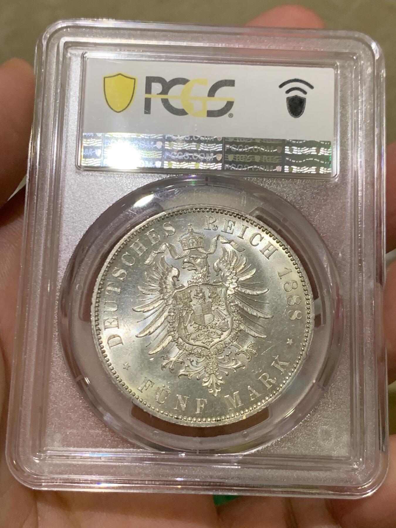 《竞宝斋》第417场 周日，周一，2场连拍 （全场包邮） PCGS MS63 德国1888年普鲁士腓特烈三世 三皇年5马克银币 币面干净 银光充足