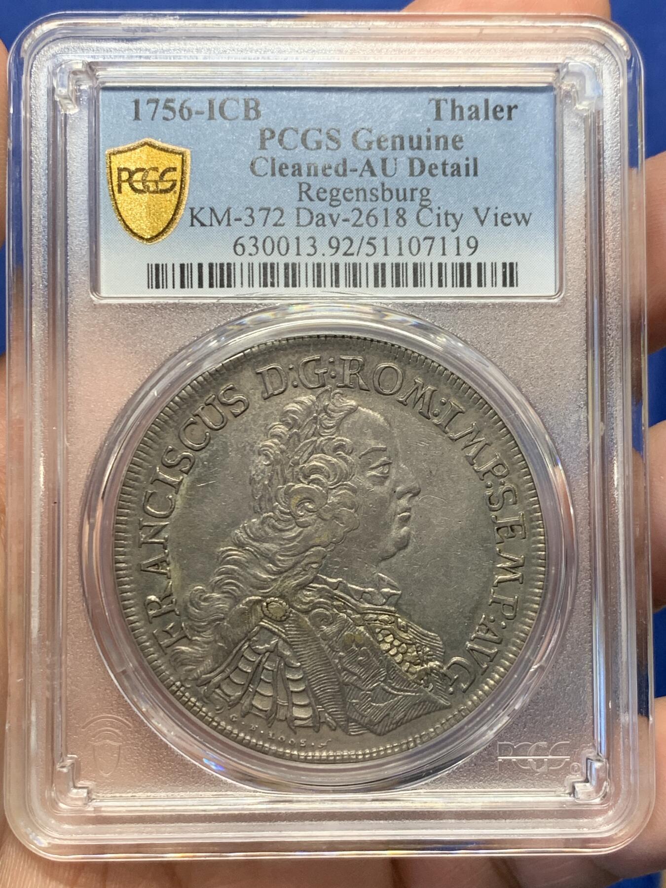 《竞宝斋》第417场 周日，周一，2场连拍 （全场包邮） PCGS AU 雷根斯堡 1756年 景观泰勒 大银币德系景观名誉品种 高点不错