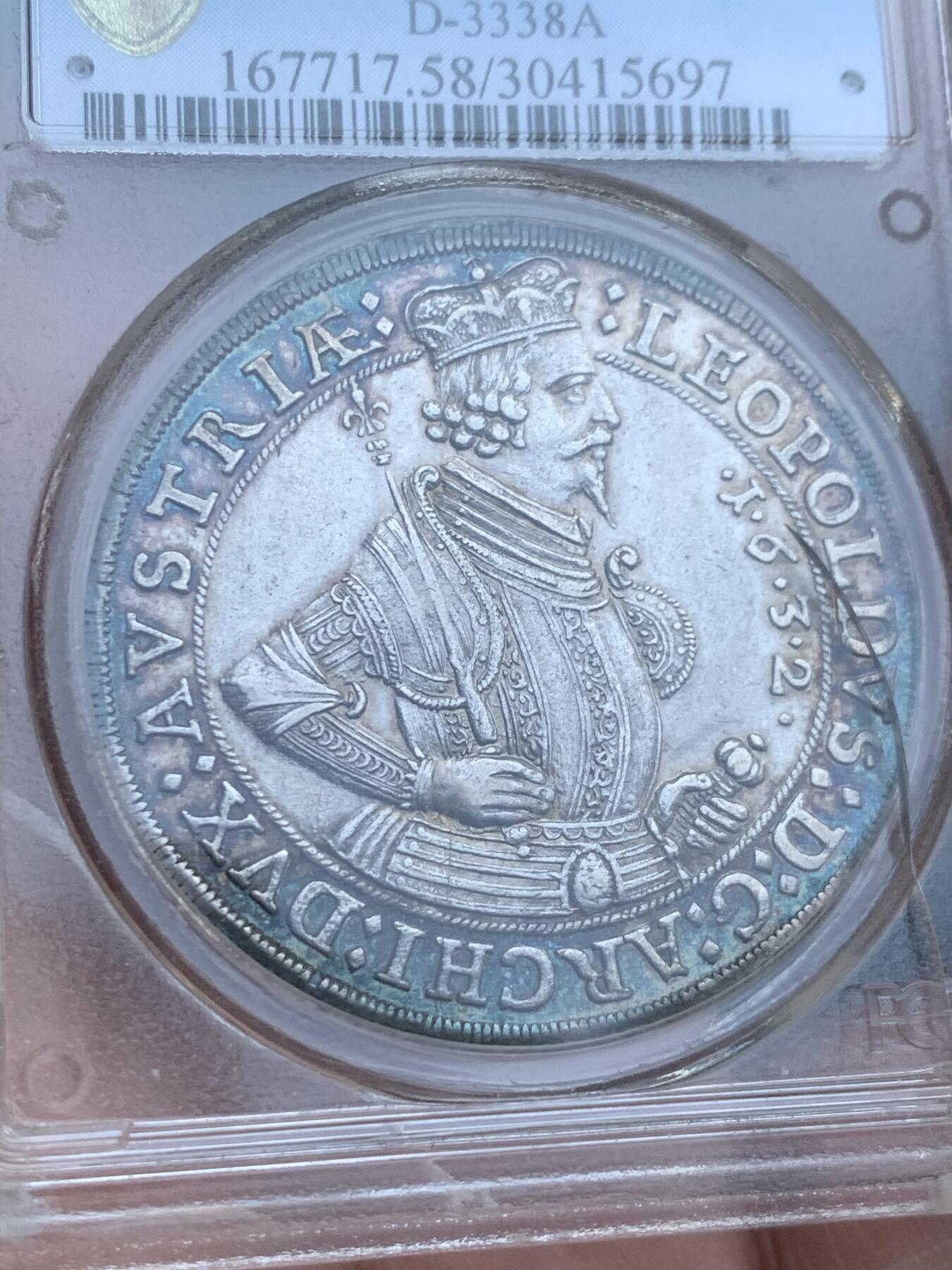 《竞宝斋》第417场 周日，周一，2场连拍 （全场包邮） PCGS AU58 奥地利 神罗 1632年 利奥波德五世 1泰勒 银币 人像纹章深打 细节丰富 五彩老包浆 盒子有裂不影响币