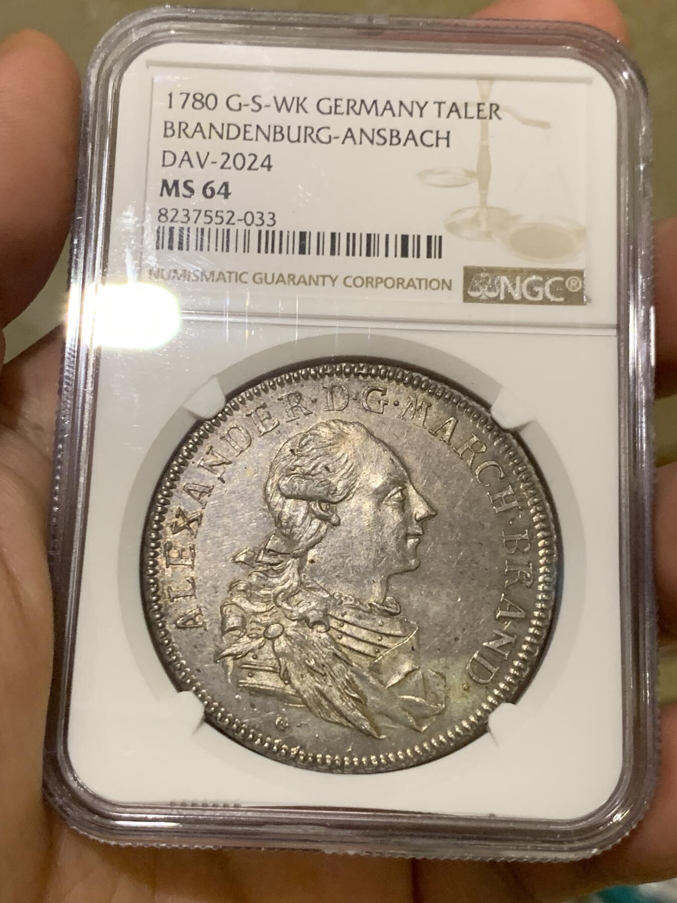 《竞宝斋》第417场 周日，周一，2场连拍 （全场包邮） 唯一冠军分 NGC MS64 德国 勃兰登堡-安斯巴赫侯爵领 1780 查尔斯·亚历山大 泰勒大银币