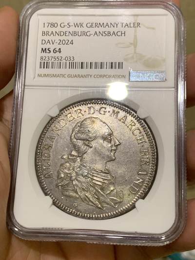 《竞宝斋》第417场 周日，周一，2场连拍 （全场包邮） 唯一冠军分 NGC MS64 德国 勃兰登堡-安斯巴赫侯爵领 1780 查尔斯·亚历山大 泰勒大银币