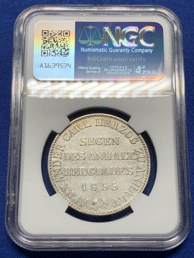 《竞宝斋》第417场 周日，周一，2场连拍 （全场包邮） NGC AU 德国1855年安哈特小熊爬墙1泰勒银币