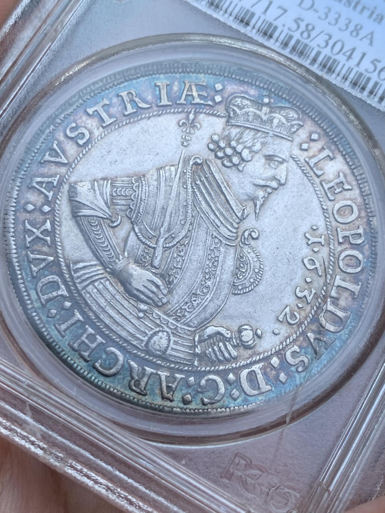 《竞宝斋》第417场 周日，周一，2场连拍 （全场包邮） PCGS AU58 奥地利 神罗 1632年 利奥波德五世 1泰勒 银币 人像纹章深打 细节丰富 五彩老包浆 盒子有裂不影响币