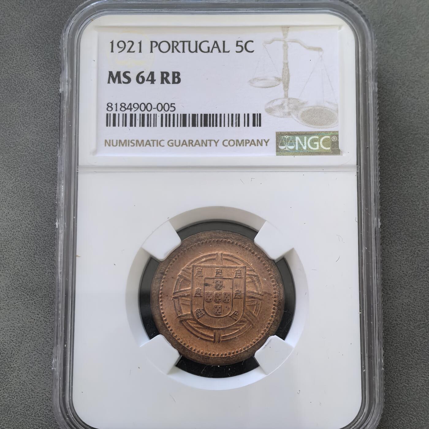道一币馆币章第一百四十五场 NGC MS64 葡萄牙1921年5分铜币