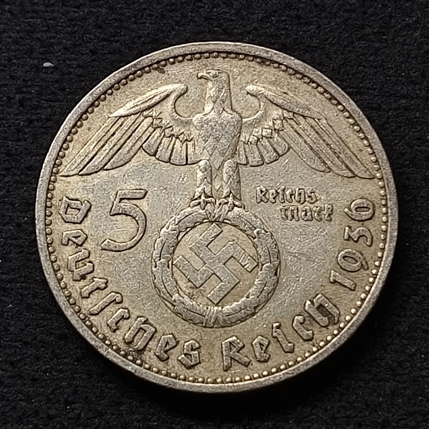 【全场包邮】纯粹捡漏拍459场-银币套币场 德国第三帝国1936年飞鹰5马克银币