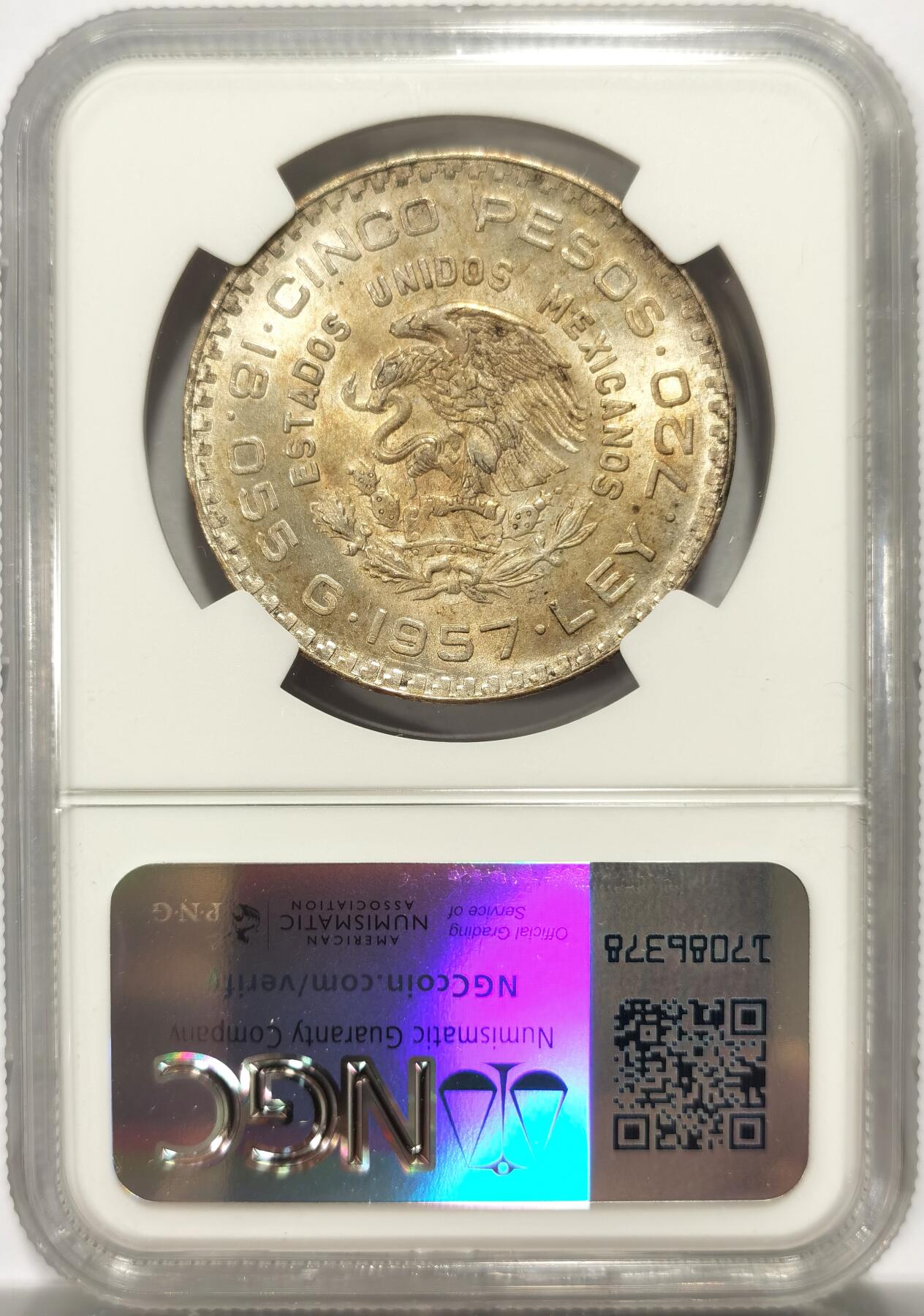 博洋堂世界钱币拍卖第139期（全场包邮） NGC MS65 墨西哥1957年宪法百年纪念五比索大银币，少见品种，双面淡金彩，可藏品质。