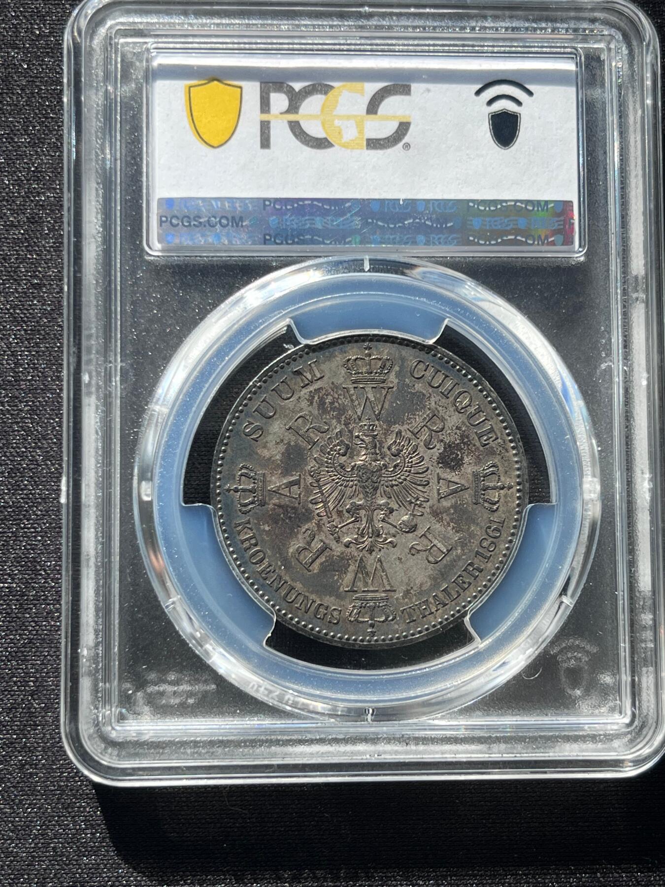PCGS–MS61 德国威廉一世1861年登基纪念经典普鲁士毛衣泰勒银币