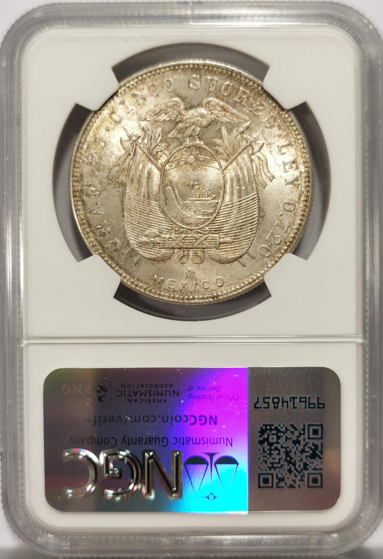 博洋堂世界钱币拍卖第139期（全场包邮） NGC MS62 厄瓜多尔1944年5苏克雷大银币，双面淡彩，转光好品，经典南美大银。