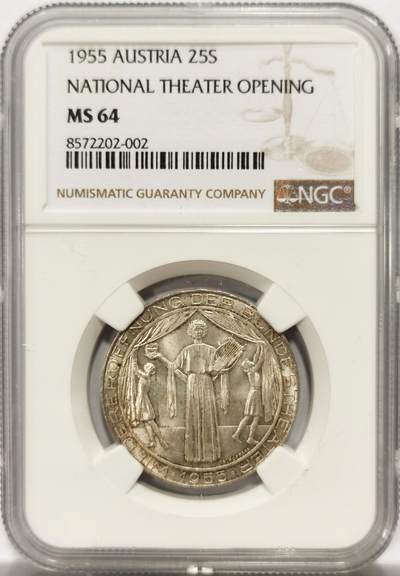 博洋堂世界钱币拍卖第139期（全场包邮） - NGC MS64 奥地利1955年国家歌剧院25先令银币，淡彩转光，设计庄严华丽，非常漂亮。