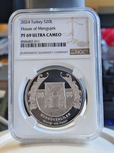 第174期拍卖【长期征集拍品】 - NGC-PF69ULTRA CAMEO土耳其2024年安纳托利亚王朝的蒙格杰基德/贝利克斯-20里拉精制纪念银币-20里拉（限量发行3千枚，盎司克重，925银，币径38.61MM，带证书）