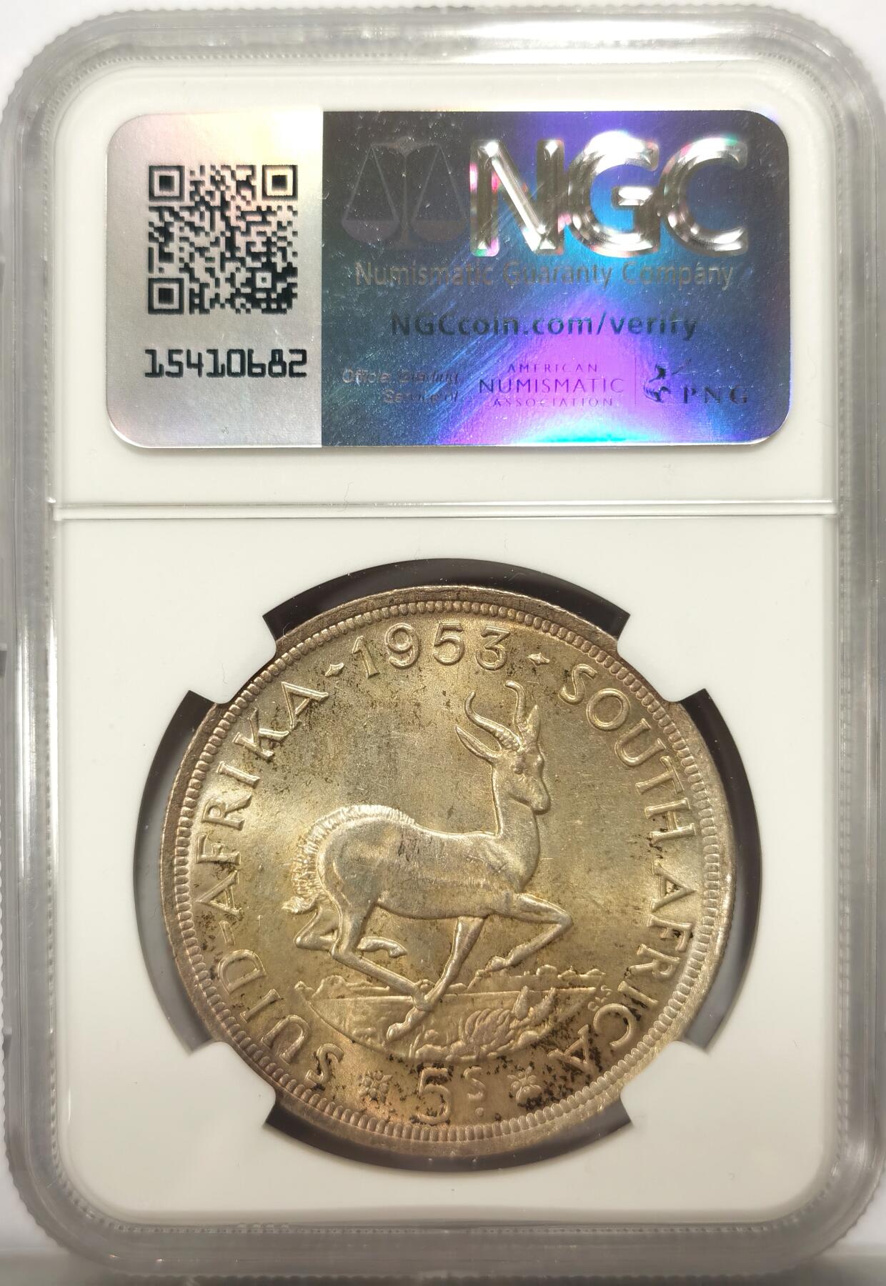 博洋堂世界钱币拍卖第139期（全场包邮） NGC MS64 南非1953年伊丽莎白二世5先令大银币，首年版，双面五彩转光。