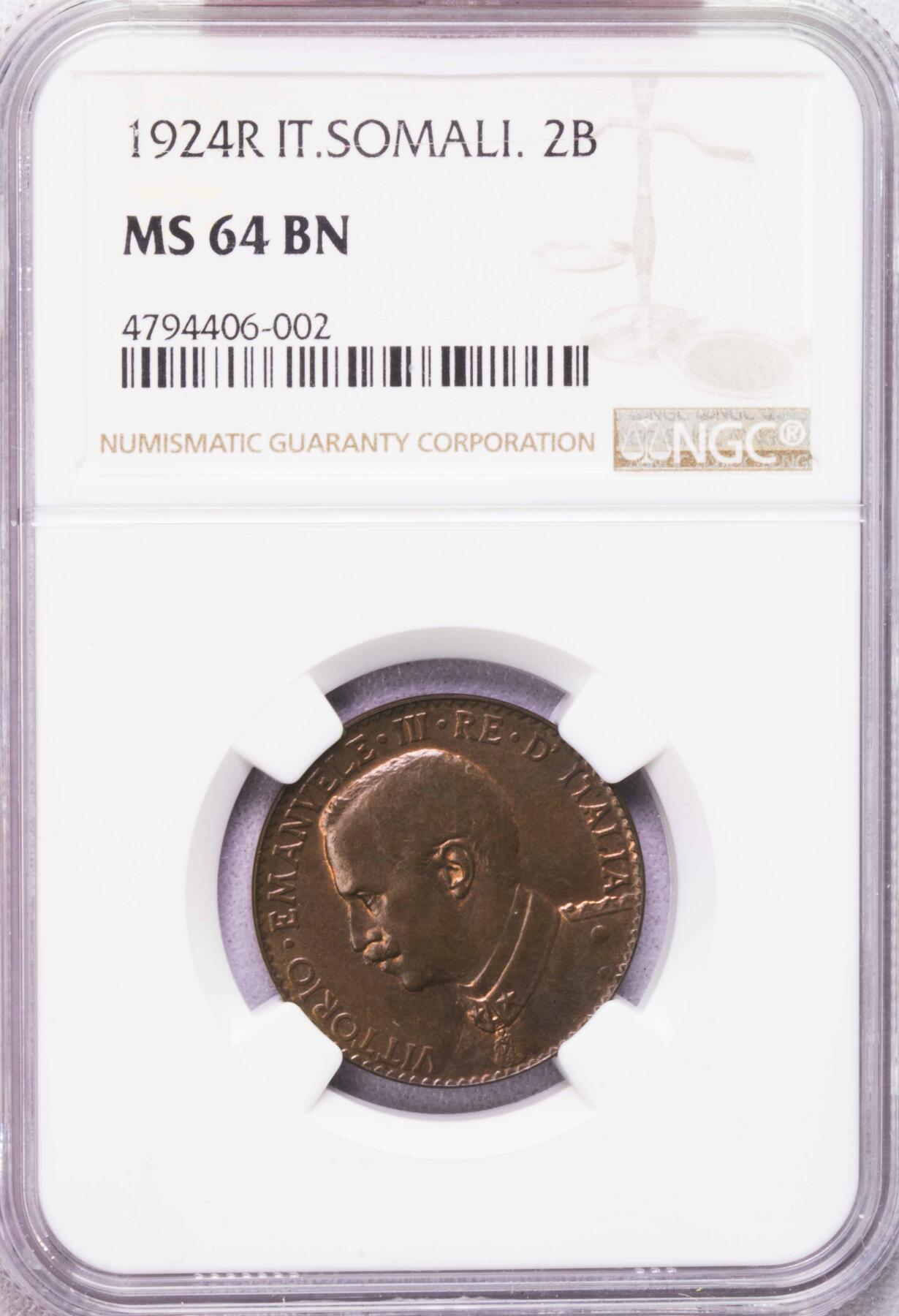 NGC-MS64BN 1924意属索马里2贝萨铜币亚军完美品