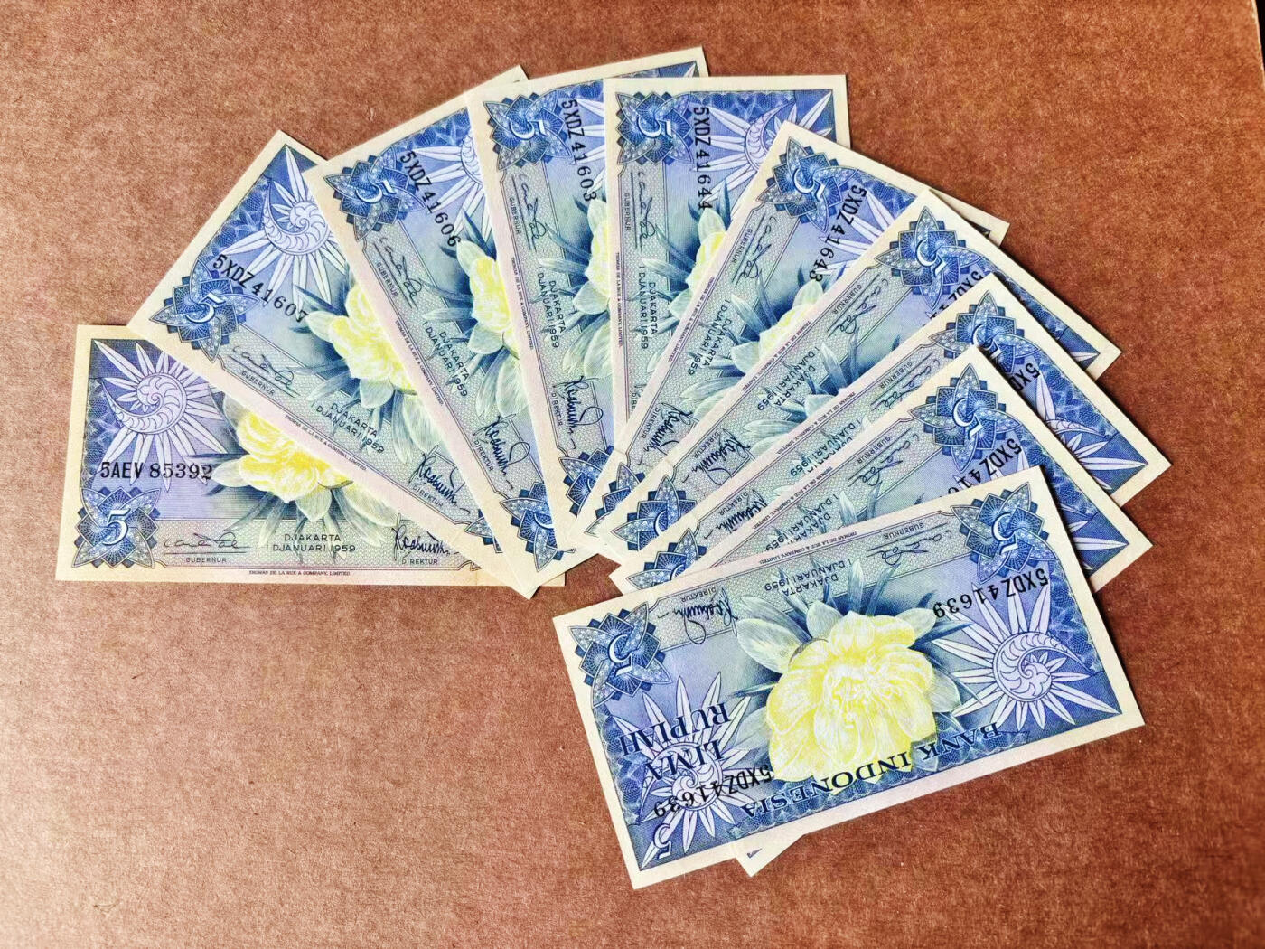 【Blue Auction】世界纸币精拍第722期——18级TOP拍卖/信誉/品质/专业/高效💫 【一组10张】印尼 1959年5卢比 花鸟版 UNC/UNC-