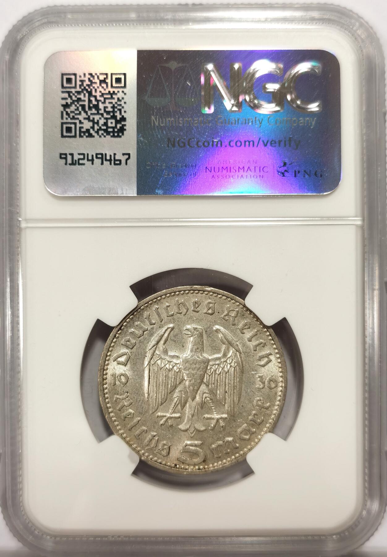 博洋堂世界钱币拍卖第139期（全场包邮） NGC MS62 德国1936年J版兴登堡5马克银币，略少见的版别，原光好品。