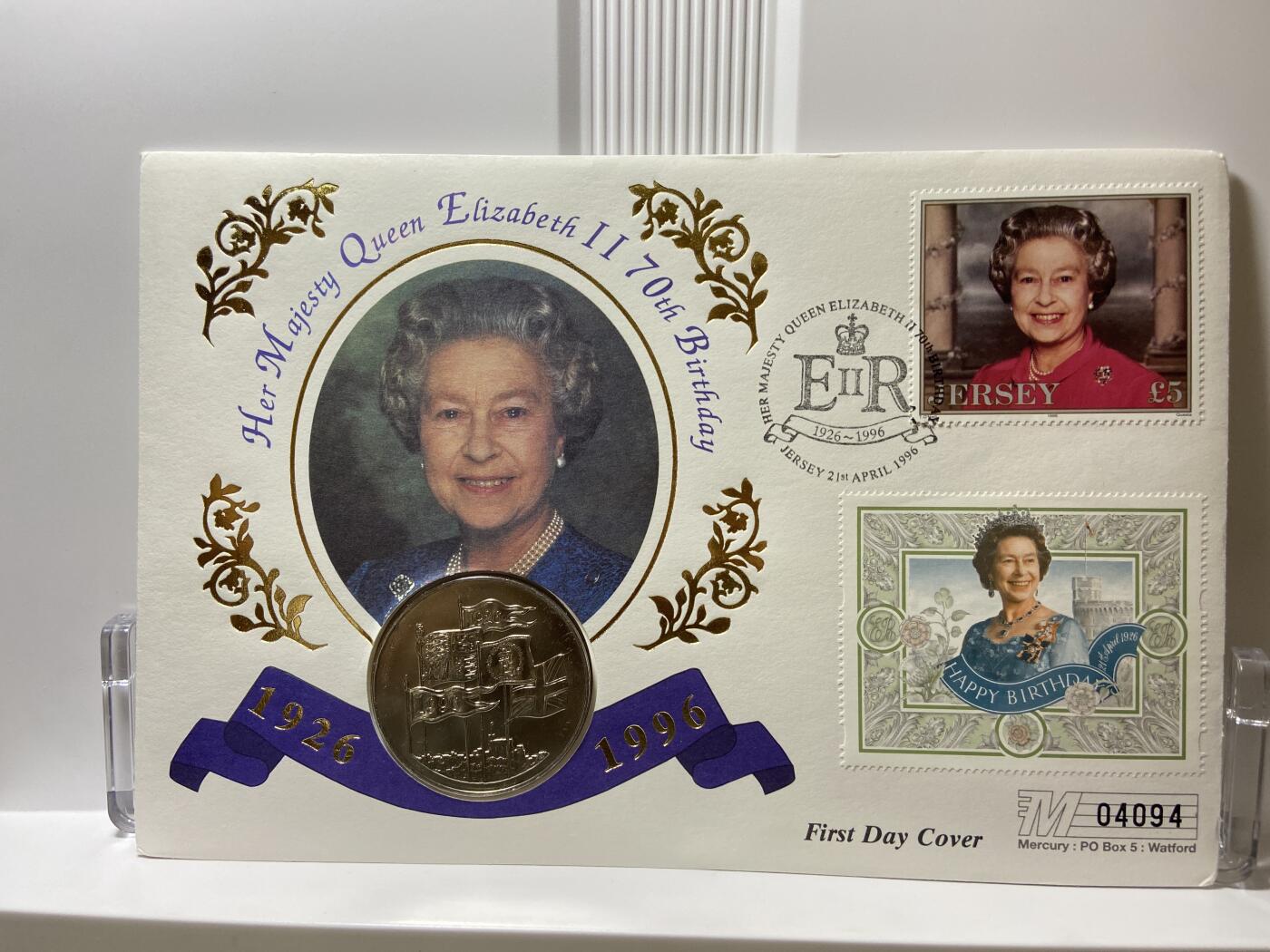 2025年第八十八场(总第一百一十四场）外国好品散币(免佣金) 英国🇬🇧1996年5英镑邮币封(伊丽莎白二世70岁寿辰纪念币)