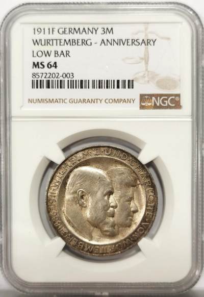 博洋堂世界钱币拍卖第139期（全场包邮） - NGC MS64 德国1911年符腾堡银婚纪念3马克银币，五彩转光美品。