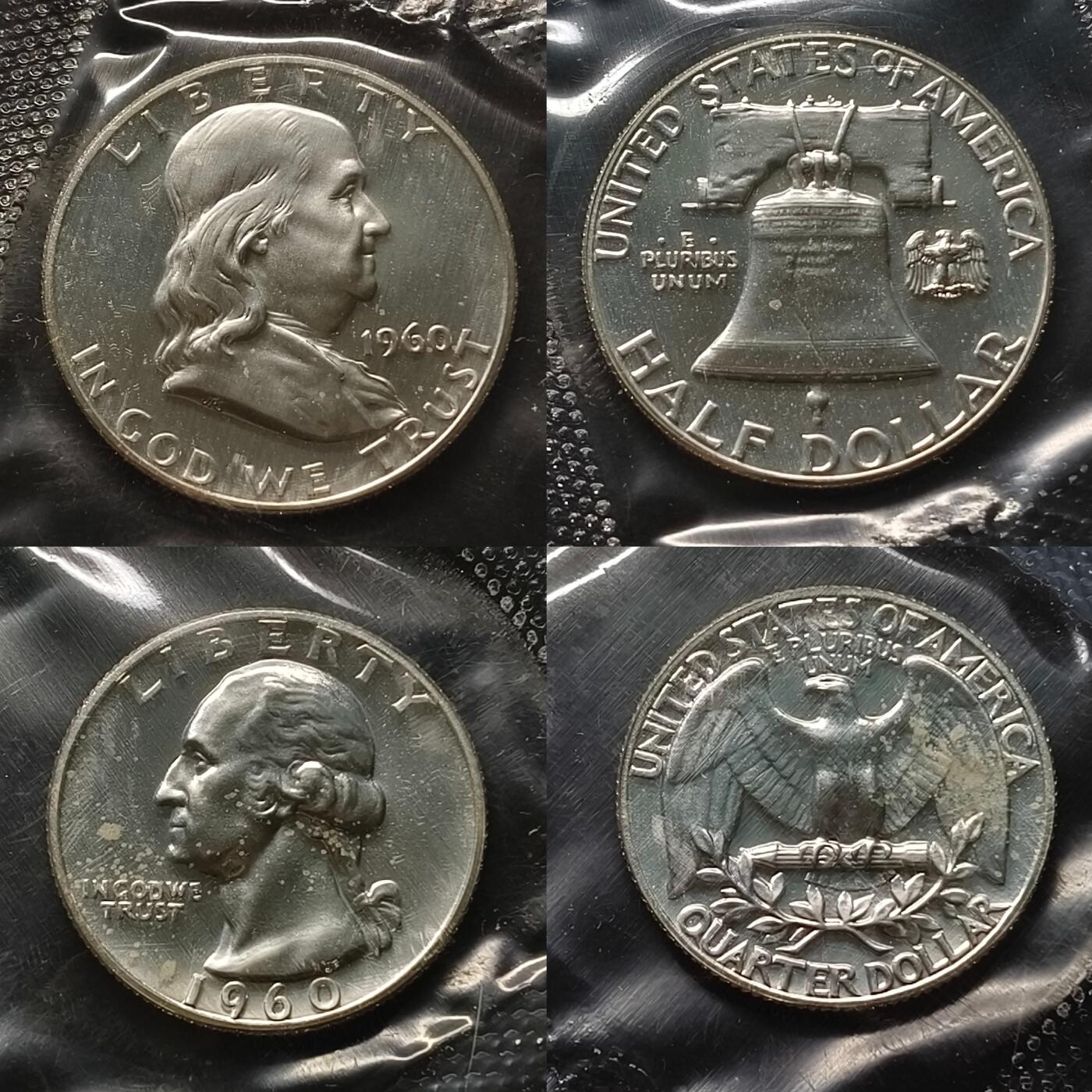 【全场包邮】纯粹捡漏拍459场-银币套币场 美国1960年P厂官方封装套币-3银1镍1铜全套带证书