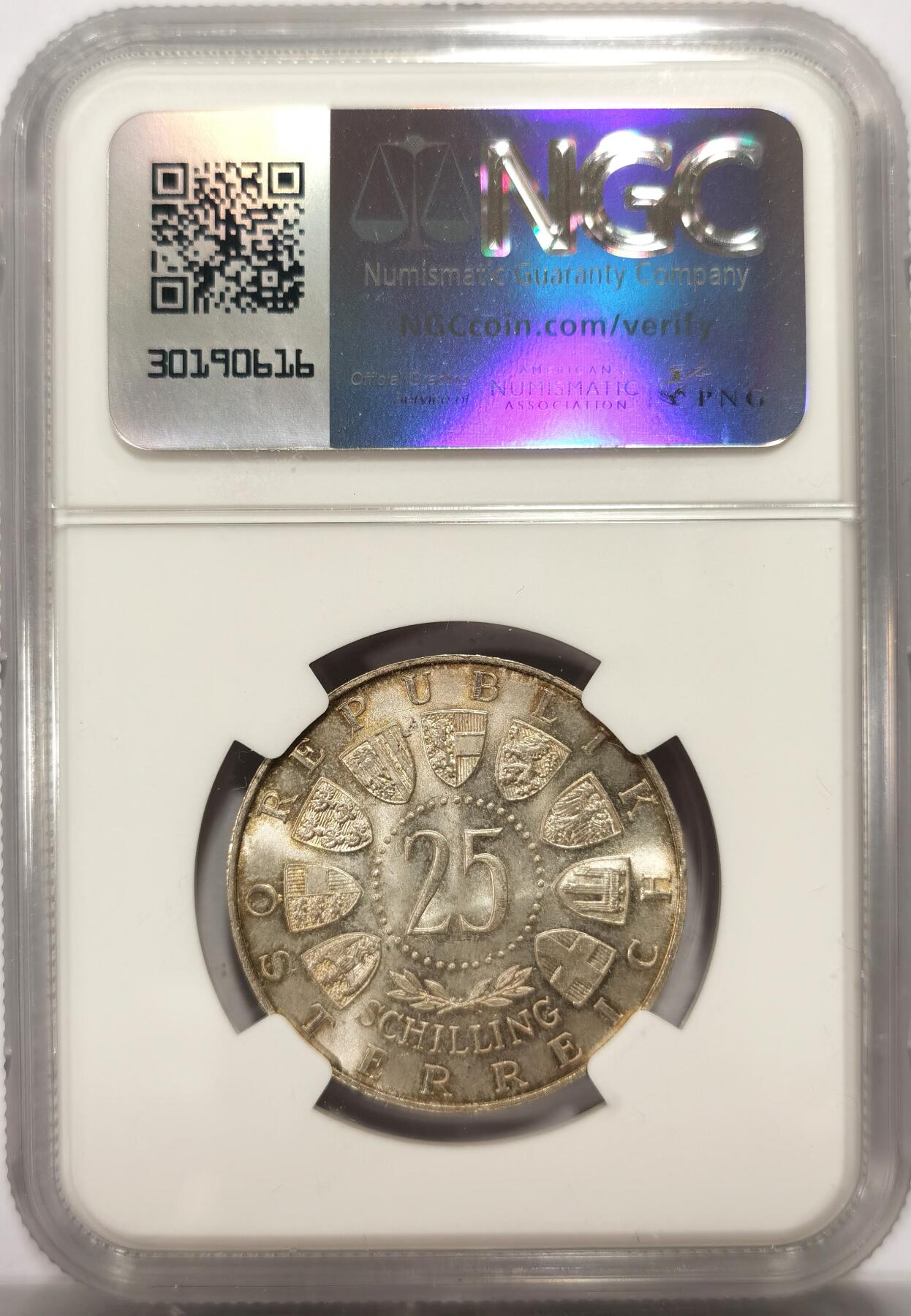 博洋堂世界钱币拍卖第139期（全场包邮） NGC MS64 奥地利1955年国家歌剧院25先令银币，淡彩转光，设计庄严华丽，非常漂亮。